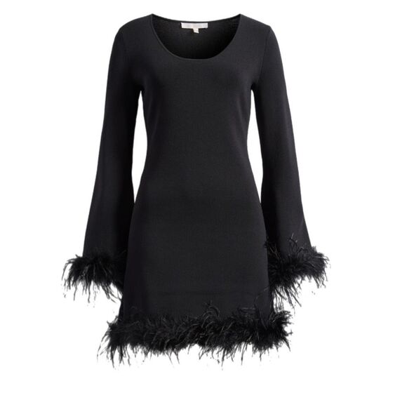 NWT WAYF (Where Are You From) “Karlie” black feather trim long sleeve mini dress - Picture 6 of 13